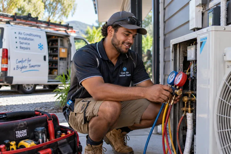 Air-conditioning technician checking gauges on an outdoor unit, with the work van parked behind