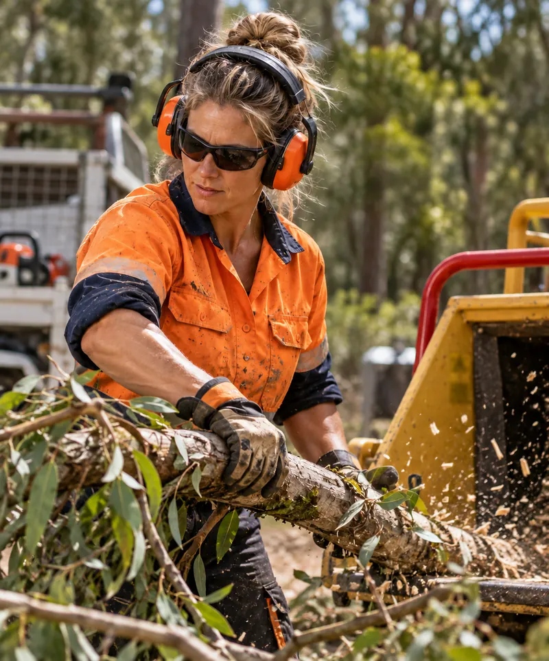 Arborist in hi-vis and hearing protection feeding branches into a wood chipper