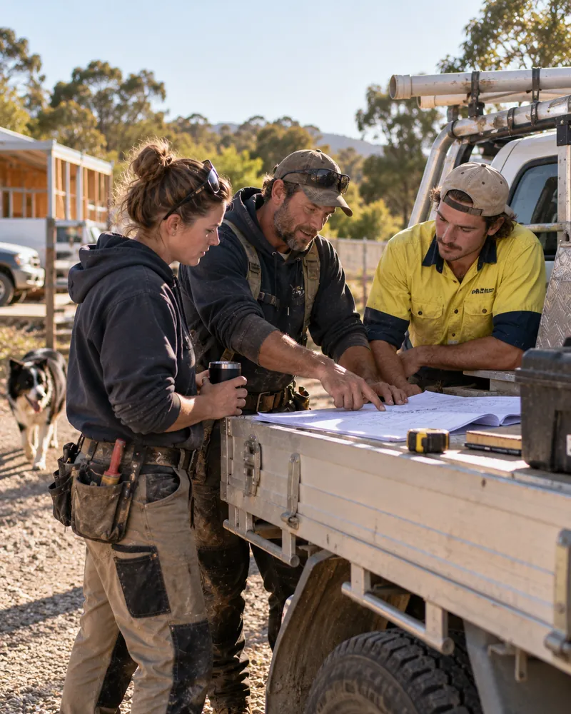 Small crew going over plans on the tray of a ute before starting the job