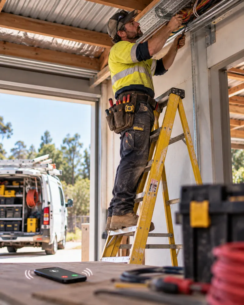 Electrician up a ladder running cable in a new shed while the phone rings on the bench below