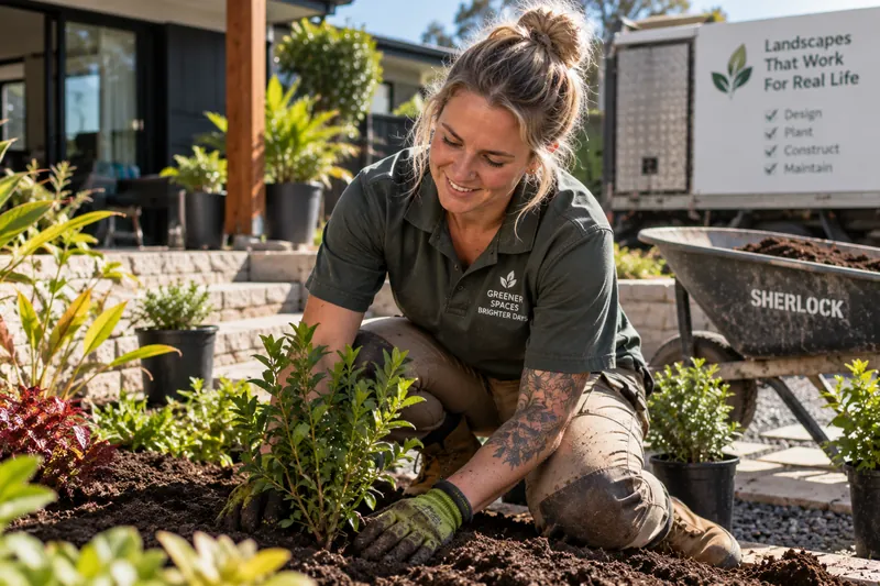 Landscaper planting a new garden bed on a finished job