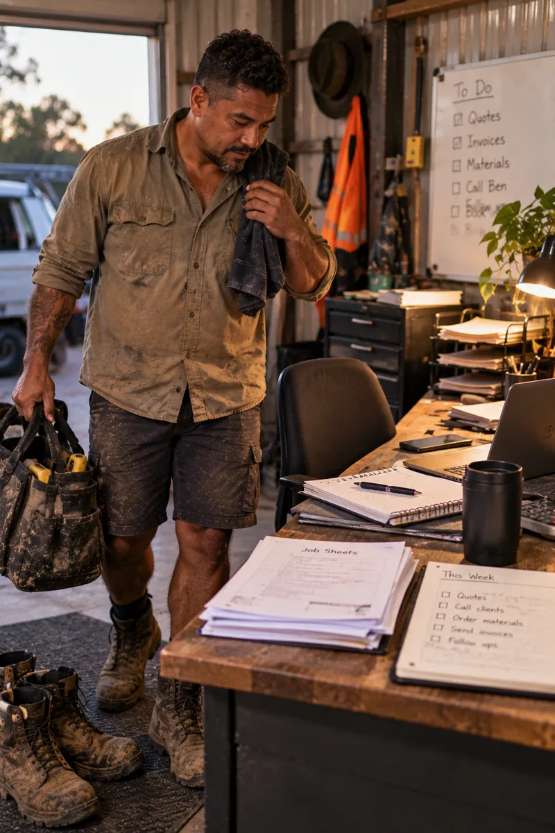 Owner-operator arriving back at the office at the end of the day with a whiteboard of jobs behind