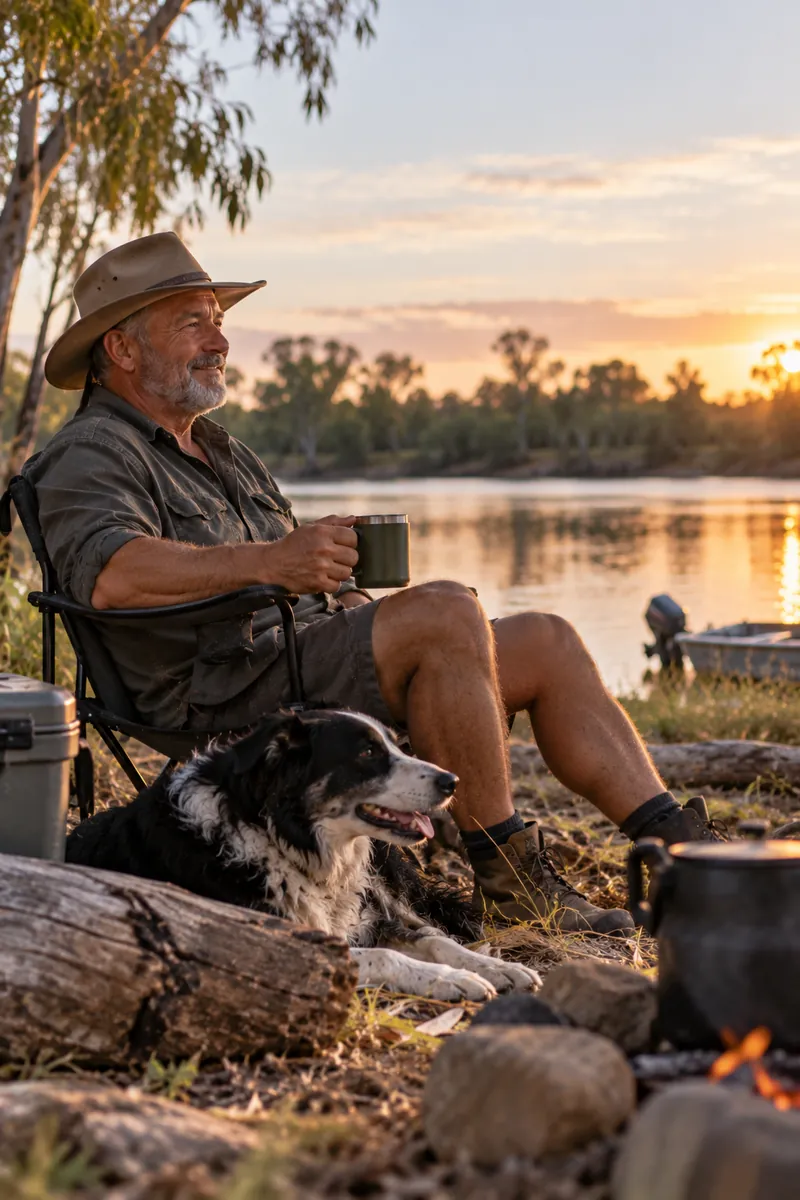Business owner relaxing by a river at sunset with a cup of tea and a working dog