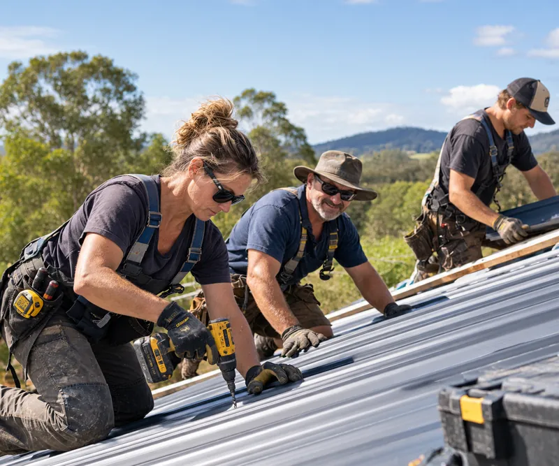 Three roofers fixing new metal roof sheets on a rural job