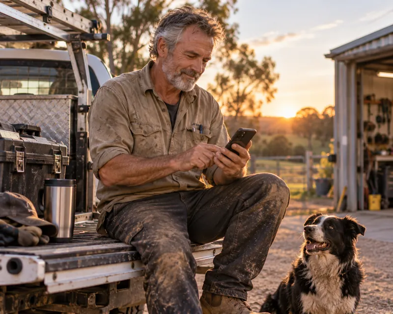 Owner-operator sitting on the ute tailgate at sunset finishing the day's admin on a phone, with a working dog beside him