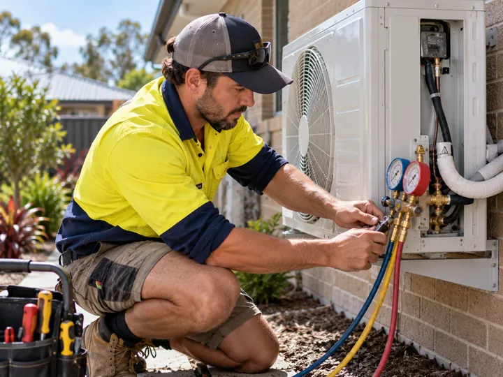 Technician servicing an air conditioning unit