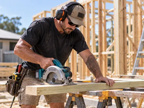 Carpenter cutting timber with a circular saw on a house frame build