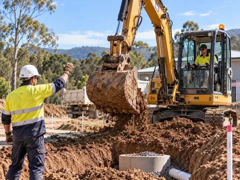 Excavator digging a trench with a ground crew member guiding the operator