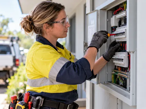 Electrician working at an electrical switchboard