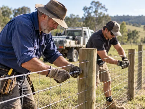 Two fencers fixing wire mesh to timber posts