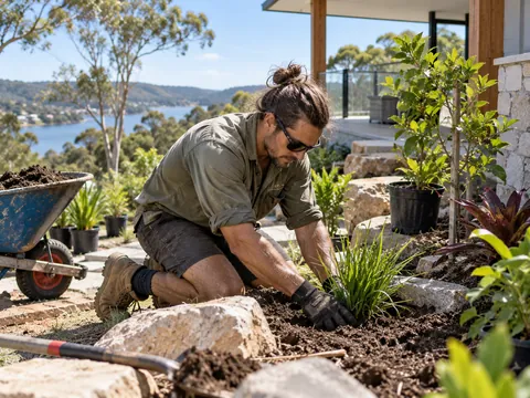Landscaper planting a new garden bed