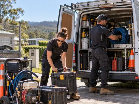 Two-person service team loading equipment from a work van