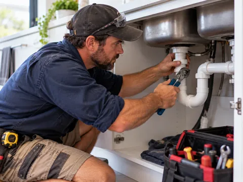 Plumber working on pipework under a kitchen sink