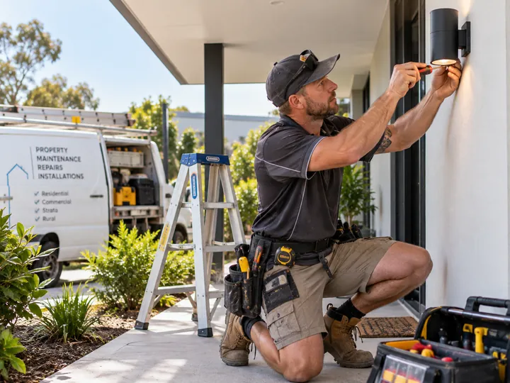 Property maintenance worker repairing a building