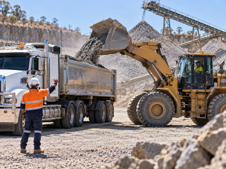 Loader filling a material-delivery truck
