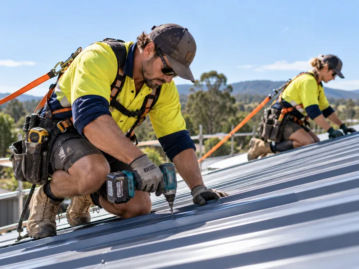 Roofers working on a metal roof