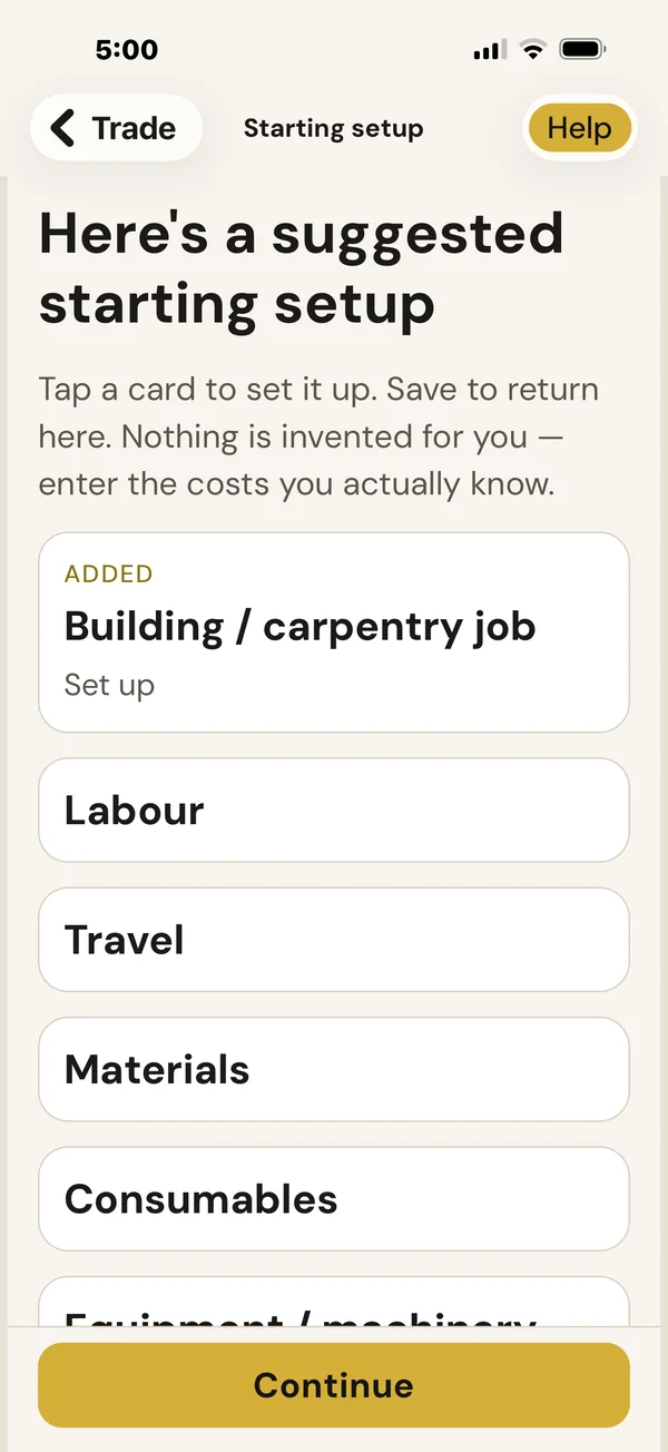 TimeBoost suggested starting setup with labour, travel, materials, consumables and equipment cards