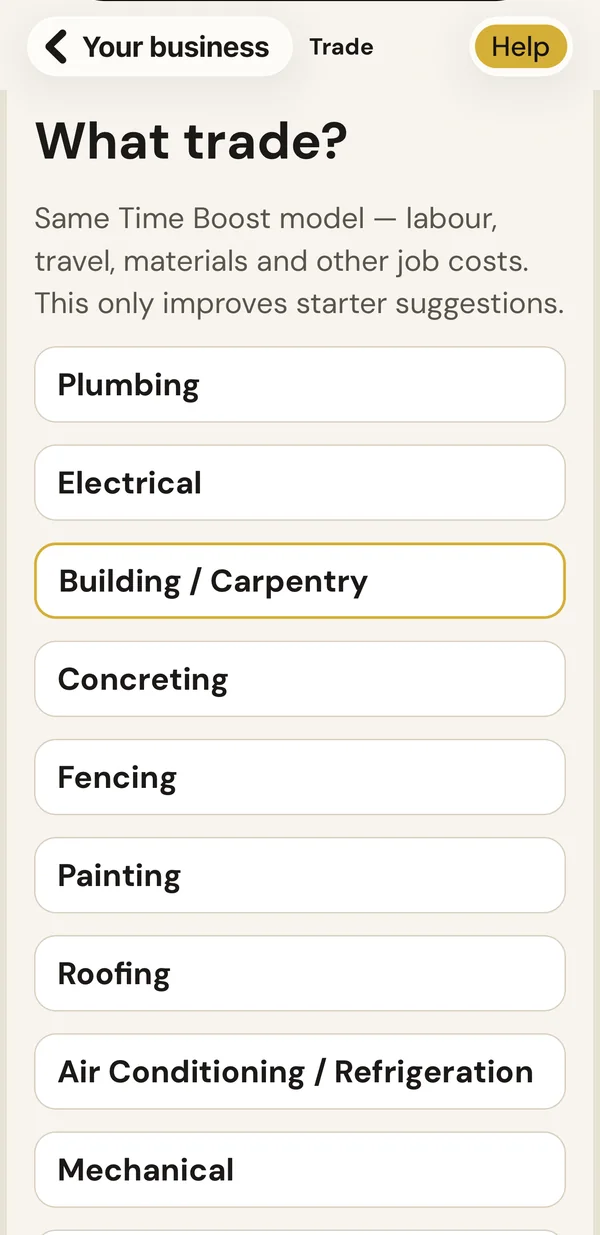 TimeBoost What trade screen listing plumbing, electrical, building and carpentry and other trades
